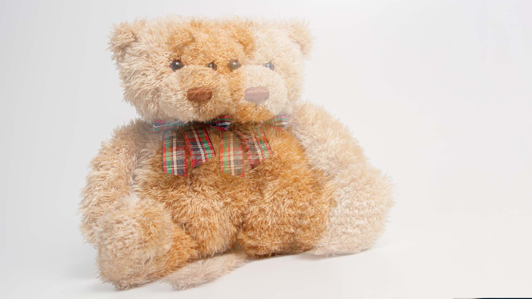 Image of a teddy bear which appears blurred and distorted, this represents how someone with Strabismus might view the same image.